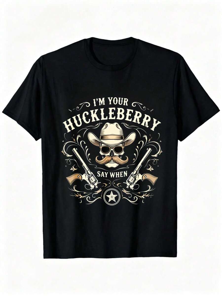 Black Short Sleeve T-Shirt With Cowboy Skull And Guns Print I'M YOUR HUCKLEBERRY SAY WHEN For Men Western Theme Clothing Ideal For Costume Parties And Theme Events - 黑色 - 查看 1