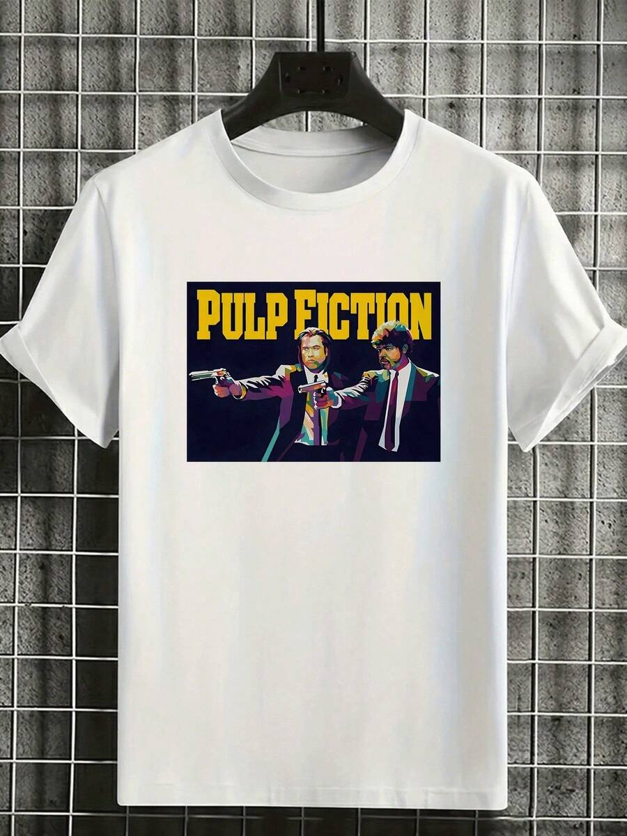 1 Piece, Men's Plus Size T-Shirt Inspired By The Movie Pulp Fiction, Featuring Iconic Characters In A Bold And Colorful Design, Perfect For Fans Of Classic Cinema And Pop Culture, A Fashion Statement And Wearable Art For Men. - 白色 - 查看 1