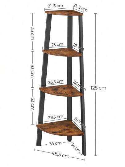 VASAGLE Estantería esquinera Industrial, estantería de 4 Niveles, Soporte para Plantas para el hogar, Oficina, Muebles de Madera con Marco de Metal , Color café rústico