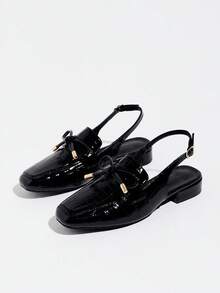 Giày bệt nữ Slingback mũi tròn thắt nơ quai sau, gót khối thấp thoải mái, giày Mule đen cho đi làm, dự tiệc, đi chơi - màu đen - Xem 7