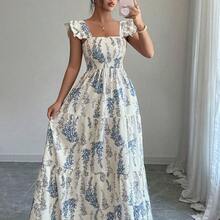 Vestido midi de capas múltiples y efecto patchwork con cintura ceñida, apropiado para vacaciones y verano - Multicolor - Ver 5