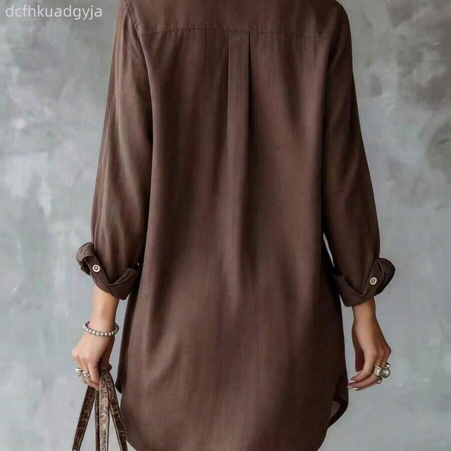 Camisa de mujer de manga larga de poliéster marrón, con cuello, diseño corto delante y largo atrás con bolsillos, para primavera - Marrón - Ver 1
