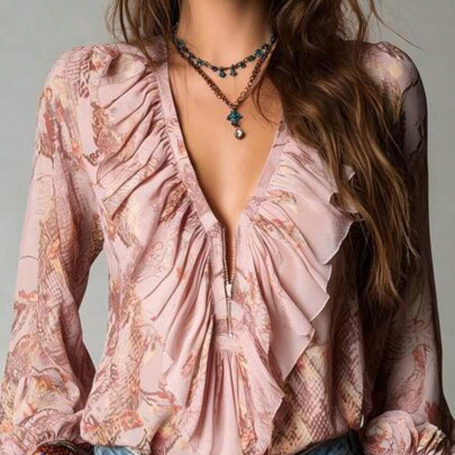 Blusa de mujer de verano con estampado integral, cuello en V profundo, cremallera y mangas con volantes, de estilo elegante y vintage al estilo de vacaciones francesas - Rosa Pálido - Ver 1