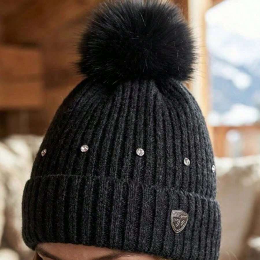 Women's Winter Thermal Hat With Glitter, Hypoallergenic, Lined With A Cute And Stylish Pom-Pom, Warm And Stylish. - MYA-40 preto c/ detalhe - 查看 1