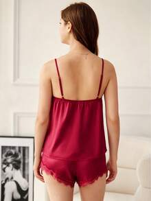 French Burgundy Ice Silk Satin Pajama Set Women Autumn Sexy Princess Loungewear,Floral Lace V-Neck Cami Shorts Set With Bow Tie&Adjustable Back Straps - Burgundy - View 3
