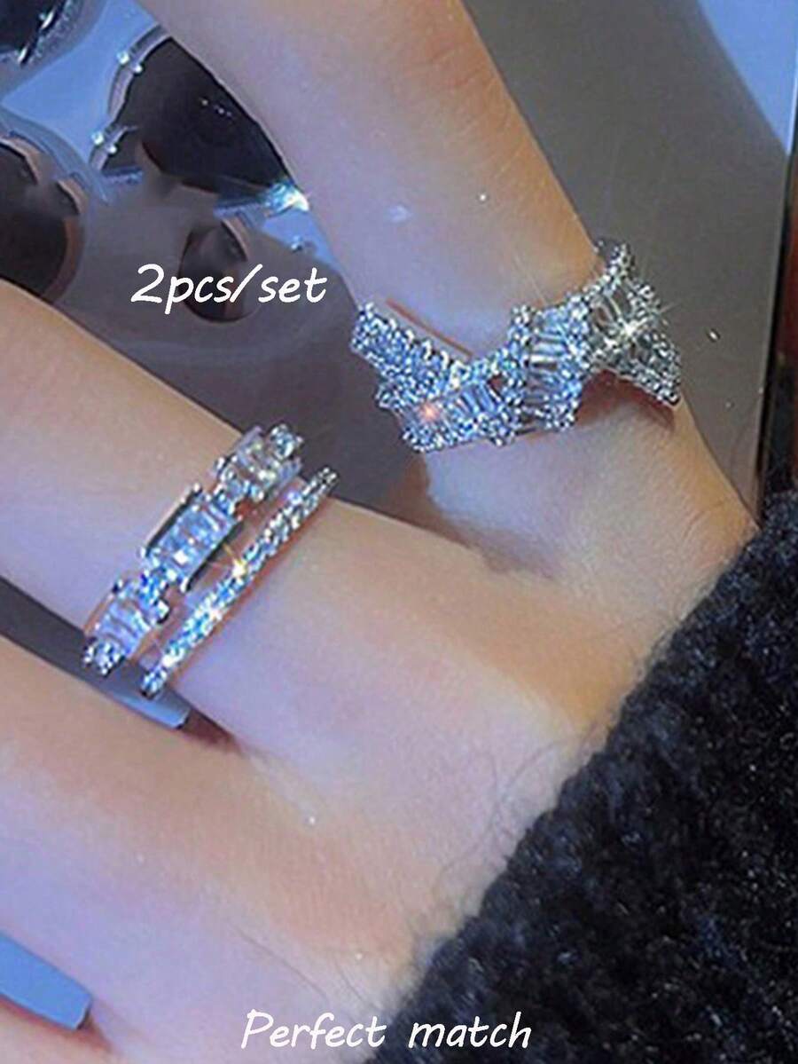 rundraw Set de 2 anillos de mujer con diseño de mariposa y detalles de strass, estilo Y2K para uso diario