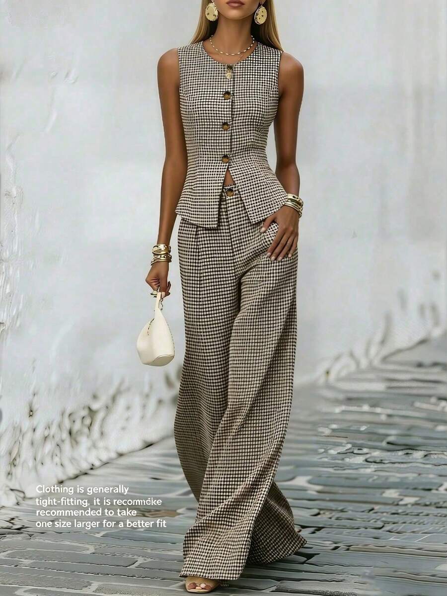 PariChic Conjunto de blazer sin mangas y pantalones a cuadros vintage 2026 - Detalles de botones de cintura alta, versátil y elegante conjunto de dos piezas para la oficina casual y las vacaciones - Multicolor 4 - Ver 1