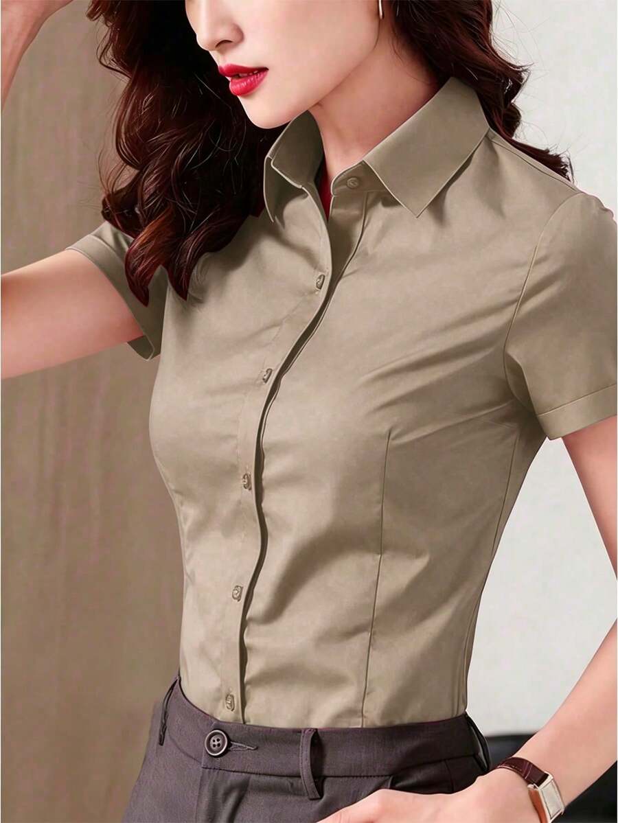 Blusa de manga corta blanca para mujer, camisa interior para traje de trabajo de oficina, nuevo lanzamiento de primavera/verano 2025, atuendo profesional de negocios de verano - Bronce - Ver 1