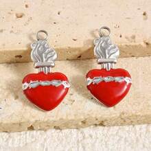 2pcs Rose Red Pearlescent Light Pink Oil Drip Sacred Heart Pendant Jewelry Making Charms 304 Stainless Steel Heart Pendant Sun Chain Flame Heart Pendant Suitable For Necklace Bracelet Earrings Bag Chain Decoration Personalized Vintage Fashion Accessories Enamel Sacred Heart Pendant Handmade DIY Gift Men Women Accessories Jewelry Supplies - Love Heart - View 2