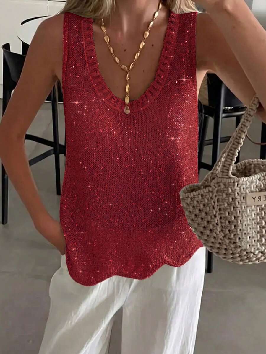 Áo hai dây dệt kim nữ phong cách Pháp, casual dễ thương, bóng, xuyên thấu, vạt bất đối xứng, cổ tròn, không tay, màu đỏ rượu vang, mùa hè - Màu Đỏ Sâu - Xem 1