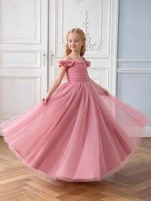 Tween Girls Solid Color Spaghetti Strap Lace Mesh Elegant Long Birthday Party Dress, Suitable For Flower Girl At Wedding, Dinner Party, Without Headband - Dusty Pink - View 7