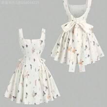 MewMuse. Vestido mini para mujer de alta gama, de estilo retroamericano, con estampado floral, espalda descubierta, corte slim, plisado, cuello asimétrico sin mangas y lunares - Azul y blanco - Ver 10