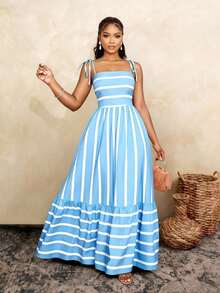 sdfsdSOLERSUN Vestido largo de estilo fluido y con rayas, con tirantes y detalles de recogido en el pecho, adecuado para vacaciones, playa, viajes y uso casual, elegante vestido (Floral aleatorio)dfca 6VXQ - Celeste - Ver 1
