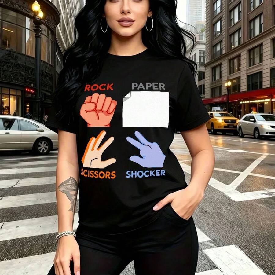 Camiseta de mujer con estampado creativo de Rock, Paper, Scissors y el nuevo gesto Shocker en diseño gráfico colorido - camiseta casual de manga corta con ajuste cómodo y estilo urbano moderno - ideal para paseos por la ciudad, salidas casuales y reg - Negro - Ver 1