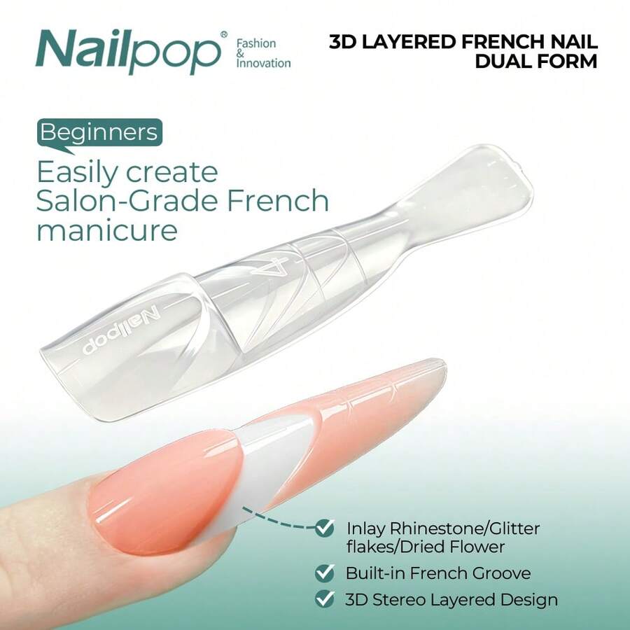 nailpop Molde de uñas de espacio negativo de 2 capas, el diseño en capas puede incrustar decoraciones, flores secas, diamante de imitación, surco de conformación francesa autocontenido, fácil de usar, amigable para principiantes para un efecto de manicura profesional