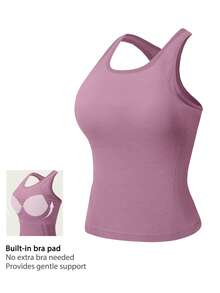 Leorrey 1 buah Atasan Wanita Tanpa Lengan Leher Bulat Model Racerback dengan Bra Berbantalan Terintegrasi, Lembut & Nyaman - Mauve Purple - View 1