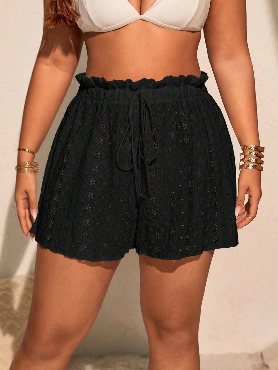 Conjunto de vestido y pantalones cortos de tela jacquard casual de vacaciones para mujer de talla grande 2026 - Negro - Ver 1