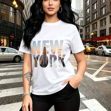 Camiseta de mujer con estampado de skyline de Nueva York al atardecer y letras New York - camiseta casual de manga corta, ajuste cómodo y estilo urbano moderno - ideal para paseos por la ciudad, salidas con amigas y regalo perfecto para mamá, esposa, - Blanco - Ver 9