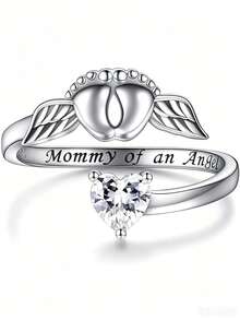 1pc Unique 925 Sterling Silver Angel Wings "MOMMY OF AN ANGEL" Adjustable Ring, Gift For Mom - White - View 5
