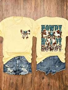 Western Tops Women, Turquoise Bow-Knot Print Round Neck Short Sleeve Top, Gift For Mom, Western Cowgirl Style, Country Outfit, Summer Cowboy Tee, Free Shipping - 黃色 - 查看 4