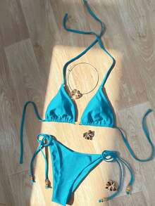 Traje de baño de estilo playero para mujer 2026, conjunto de bikini sexy con escote halter rojo brillante, de 2 piezas con lazos laterales, adecuado para vacaciones de verano de la mujer - azul real - Ver 1