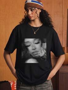 1 PCS Unisex Vintage Pop & R&B Music T-Shirt Inspired By Arianators, Comfortable Breathable Cotton, Casual Oversized Fit For Festivals, Summer Holidays, And Fan Gift - 黑色 - 查看 2