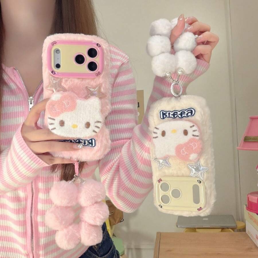 Phone Case: 3-In-1 Sanrio Plush Case Compatible With 17 Air 16 15 14 13 12 Pro Max Plus, Cute Pink Fluffy Cover With Camera Ls Stand & 2 Scre Protectors, Kawaii Y2K Aesthetic. Holiday Accessories. Valentine's Day Gift Giving Yellow Cute Phone Cases Mag Case Customizable Things Silicone Phone Case Care Bear Phone Case Summer Phone Case Custom Phone Case 13 Phone Cases Cheetah Print Phone Case Phone Case Gifts For Women Case - 粉紅色手鍊 - 查看 1