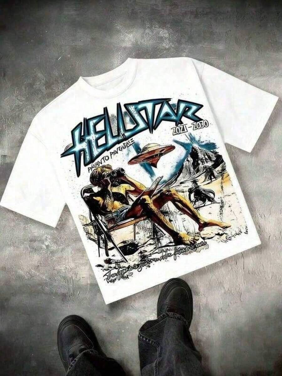T Shirt Print ,Graphic-Cotton Tees Size Plus, Cartoon Round Neck Short Sleeve, Alien Graphic Tees Men, Hellstars Path To Paradise UFO Y2K Graphic Tee, 100 Percent Cotton Round Neck Streetwear Essential, Independence Day Summer Outfit, For Men ,Y2K,Oversized Shirt Men,With Shirt,Summer Tops,Shirt Suitable - trắng - Xem 1