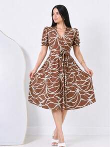 Women's Printed Dress, Flared, Casual, Elegant, Romantic Fabric - 棕色 - 查看 3