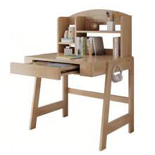 Children's Table, Children's Desk In Solid Wood, Height Adjustable, Natural Color, With Drawer, Storage Space And Hooks, Certified To Comply With Safety Standards, For Children From 6 Years Old. - 自然色 - 查看 1