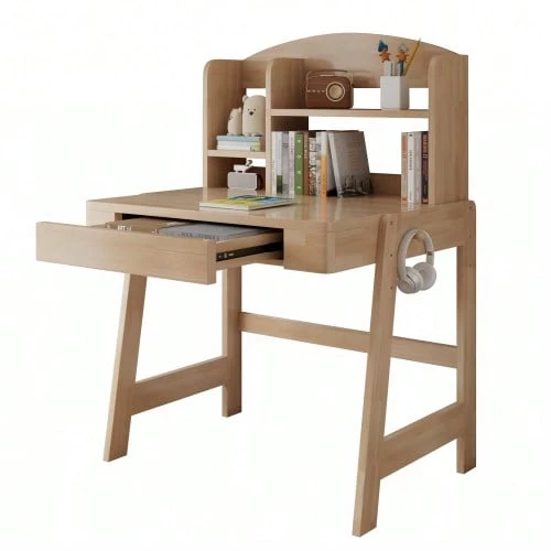 Children's Table, Children's Desk In Solid Wood, Height Adjustable, Natural Color, With Drawer, Storage Space And Hooks, Certified To Comply With Safety Standards, For Children From 6 Years Old. - 自然色 - 查看 1