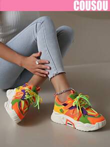 New Thick-Soled Sports Shoes For Women, Mesh & Colorful Splicing Leather Upper Lace-Up Casual Sneakers - Multicolor - View 4