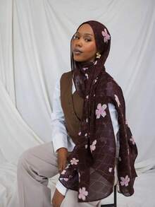 1 pieza Pañuelo de mujer estilo bohemio con estampado de flores, acuarela, mármol, ondas de agua, teñido anudado, adecuado para uso diario - Marrón oscuro - Ver 2