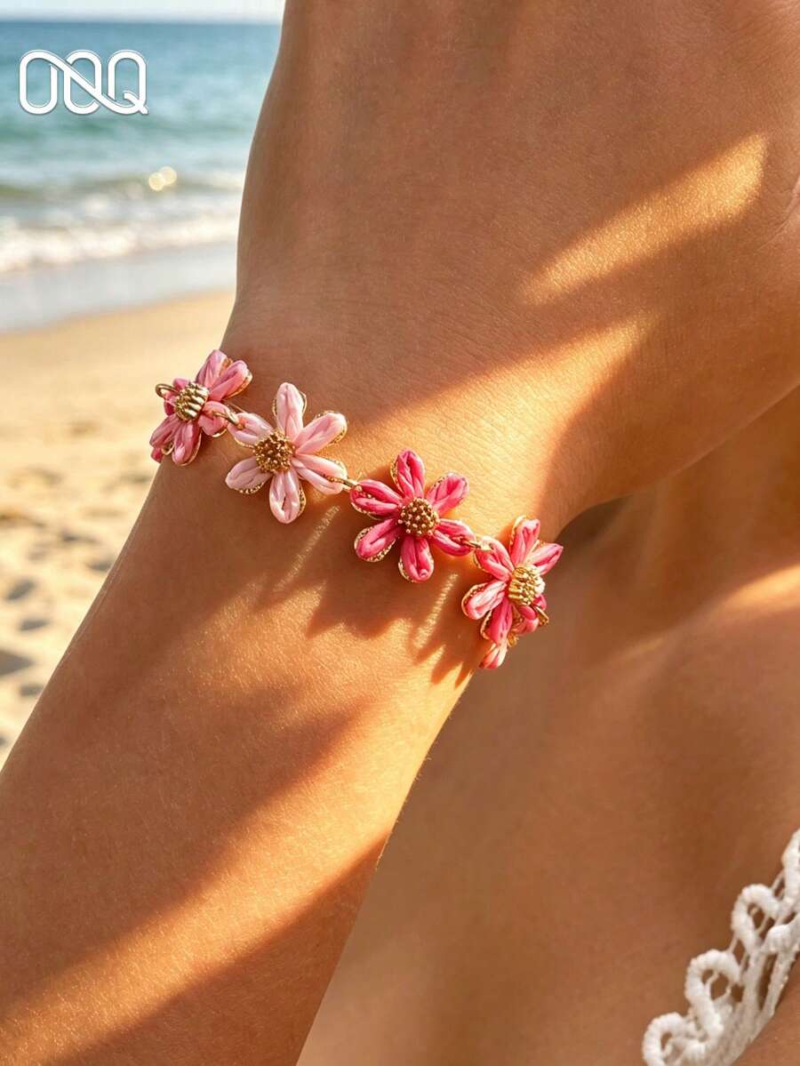 OOQ 1pc Minimalist 6-Petal Flower Rattan Bracelet, Colorful Dopamine Summer Holiday Beach, Valentine's Day, Back To School Gift For Friends And Family (Handmade Rattan Weaving, Random Direction And Shape) - Hot Pink - View 1