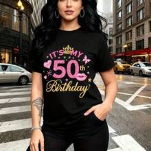 Camiseta de mujer con estampado festivo para cumpleaños número 50, diseño con corona dorada, labios y mariposas sobre el número 50 brillante - camiseta casual de cuello redondo, ajuste cómodo y elegante, estilo urbano y moderno - ideal para celebrar - Negro - Ver 8