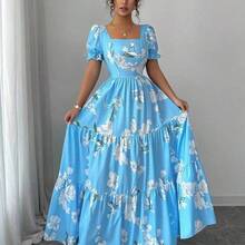 Nuevo vestido elegante para dama con escote cuadrado, mangas abultadas, estampado floral y línea A, versátil para uso casual, diario o de vacaciones - Azul - Ver 6