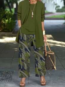 Conjunto de 3 piezas con estampado elegante para vacaciones de primavera para mujer de talla grande - Verde militar - Ver 1