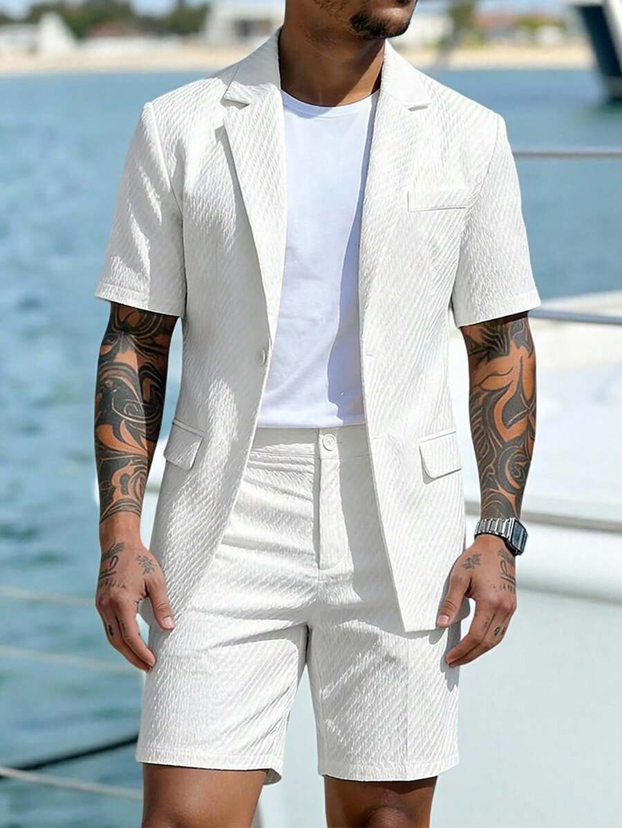 2pcs Men's Short Sleeve Suit Jacket And Shorts Set, Casual And Fashionable Daily Wear, Suitable As Gift For Male Friends - White - View 1