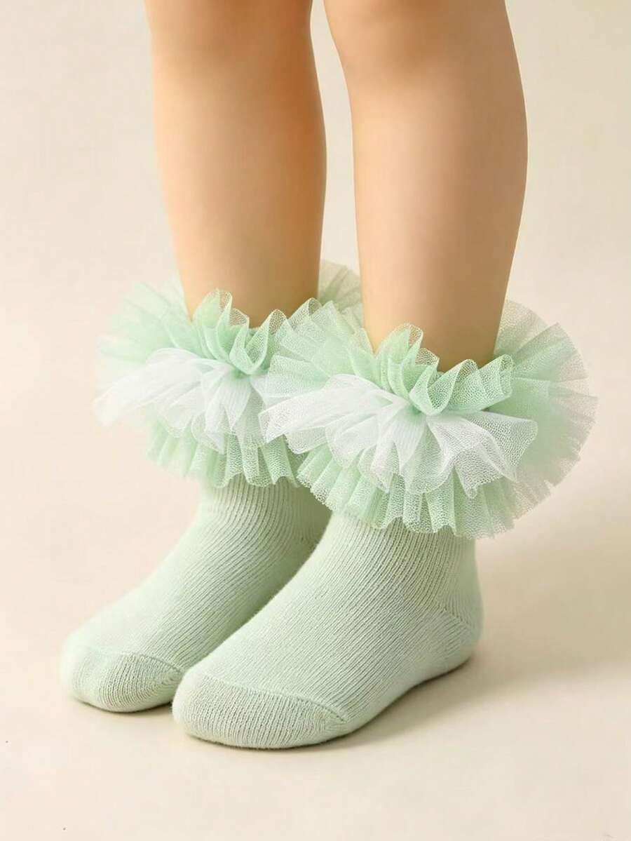 1 par de calcetines cortos de malla y encaje estilo princesa para niñas, calcetines de bebé de doble color con volantes de malla para baile y actuación de tutú - verde menta - Ver 1