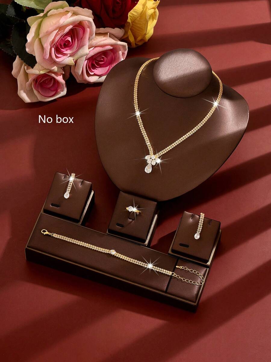 4 piezas Conjunto de joyería nupcial, collar con incrustaciones de cristal, aretes, anillo, pulsera, diseño de gota brillante para novia, adecuado para baile de graduación, boda, compromiso, Día de San Valentín, vacaciones de verano - Multicolor - Ver 1