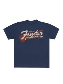 Men's Vintage Fender Stratocaster Since 1954 Graphic Crew Neck T-Shirt, Casual Short Sleeve Tee, Retro Guitar Logo Print Top For Music Lovers & Rock Fans - 藏蓝色 - 查看 1