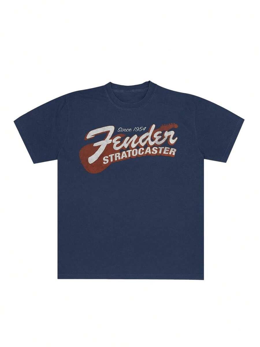 Men's Vintage Fender Stratocaster Since 1954 Graphic Crew Neck T-Shirt, Casual Short Sleeve Tee, Retro Guitar Logo Print Top For Music Lovers & Rock Fans - 藏蓝色 - 查看 1
