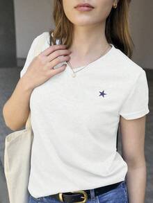 Camiseta de manga corta informal y minimalista con estampado de estrella para mujeres - Blanco - Ver 1