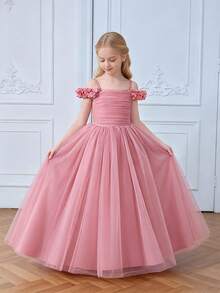 Tween Girls Solid Color Spaghetti Strap Lace Mesh Elegant Long Birthday Party Dress, Suitable For Flower Girl At Wedding, Dinner Party, Without Headband - Dusty Pink - View 3