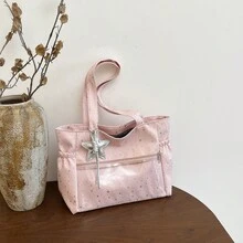 Bolso de cuero genuino de lujo, clásico y elegante, adecuado para uso diario y ceremonias. Nuevo bolso de hombro informal de gran capacidad para mujer, estilo coreano 2026, con colgante de lona en forma de estrella y pedrería. - Amarillo - Ver 5