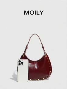 Punk Street Style Rivet Adjustable Shoulder Crossbody Saddle Bag For Women - Burgundy - View 5