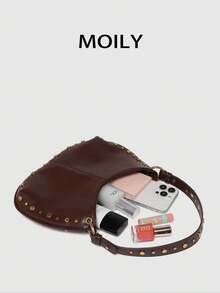 Bolso bandolera de silla de montar con remaches ajustable para mujer de talla grande y estilo punk - Café integral - Ver 3