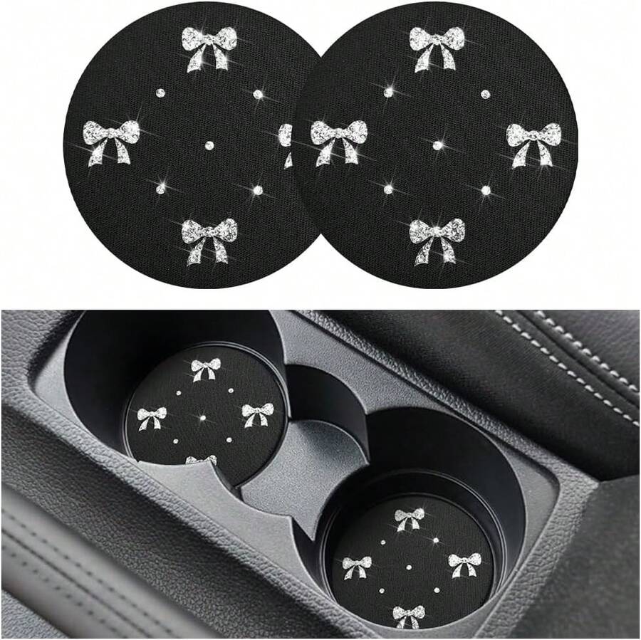 2pcs Bling Rhinestone Bow Car Cup Holder Coasters Anti Slip Spill Proof Automotive Insert Mats Universal Fit Silver - Silver - View 1