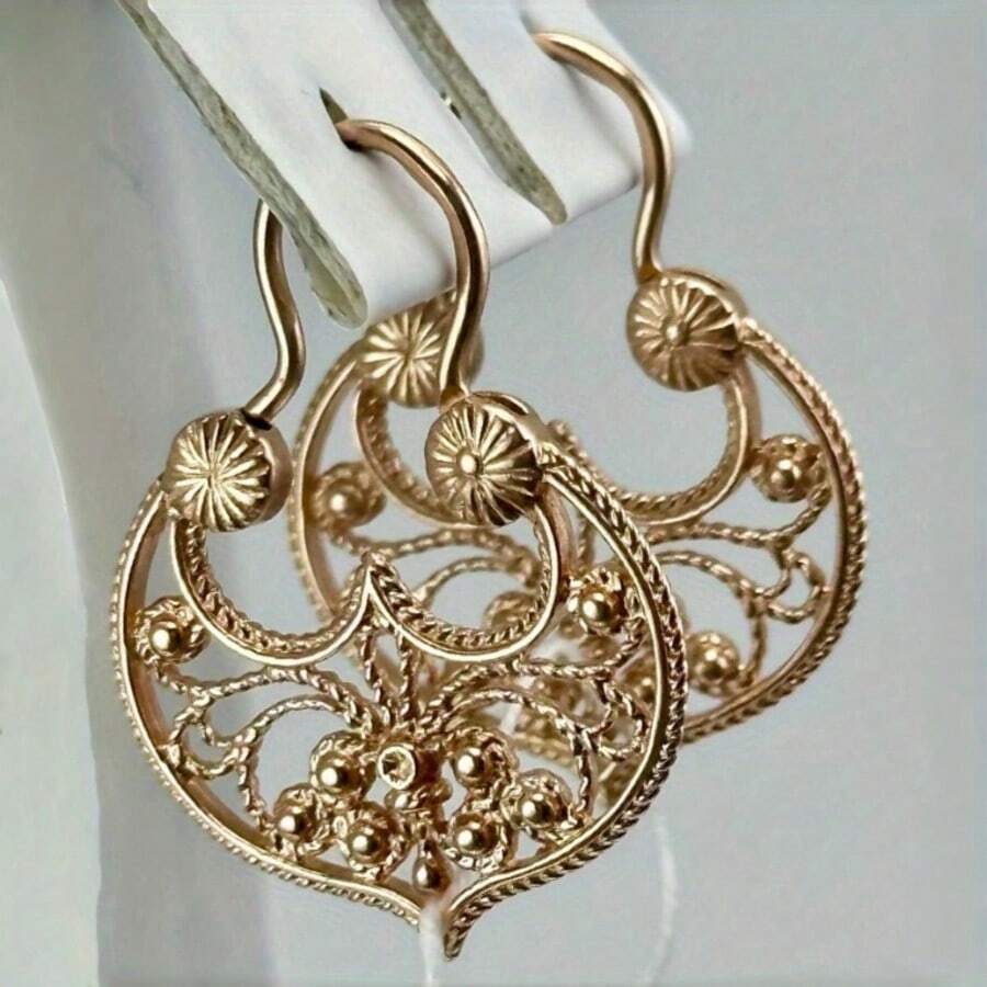 Vintage Copper Handmade Gold Round Hoop Earrings, Bohemian Style Elegant Women's Daily Fashion Accessory Gift - Gold - View 1