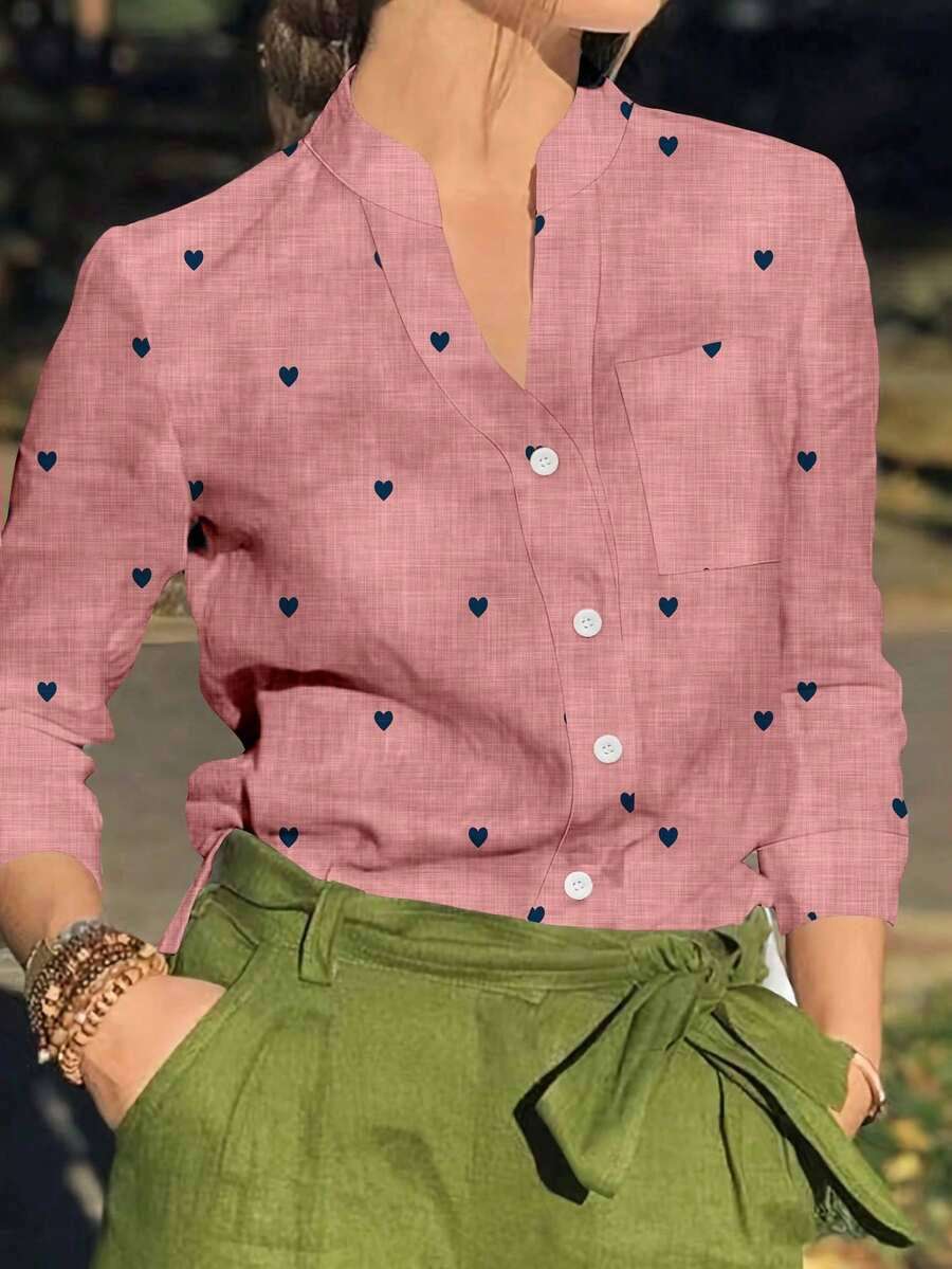 Camisa de mujer de manga larga con botones y bolsillos, con estampado romántico de corazones, adecuada para otoño, invierno y primavera, color blanco - Rosa - Ver 1
